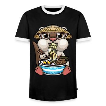 Ferret Eats Ramen Noodles Anime Kawaii - Men's Ringer Shirt - black/white - Front - AI Model Female 172 light (172cm) & AI Model Male 178 light (178cm)