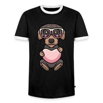 Chien teckel à poil rugueux avec cœur et lunettes de soleil - T-shirt contrasté Homme - noir/blanc - Devant - AI Model Female 172 light (172cm) & AI Model Male 178 light (178cm)