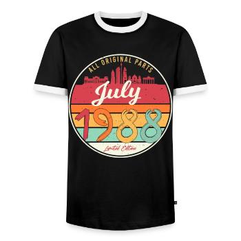 Born in July 1988 - Men's Ringer Shirt - black/white - Front - AI Model Female 172 light (172cm) & AI Model Male 178 light (178cm)