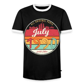 Born in July 1990 - Men's Ringer Shirt - black/white - Front - AI Model Female 172 light (172cm) & AI Model Male 178 light (178cm)