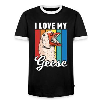 I Love My Geese Animal Owner Pet Goose - Men's Ringer Shirt - black/white - Front - AI Model Female 172 light (172cm) & AI Model Male 178 light (178cm)
