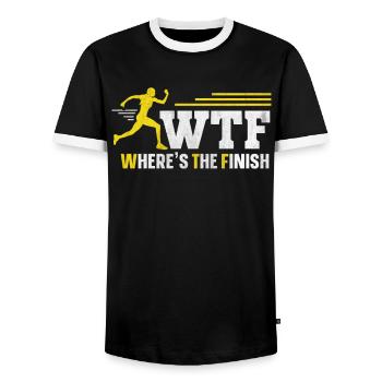 WTF - Where's The Finish Fun Marathon Runner - Men's Ringer Shirt - black/white - Front - AI Model Female 172 light (172cm) & AI Model Male 178 light (178cm)