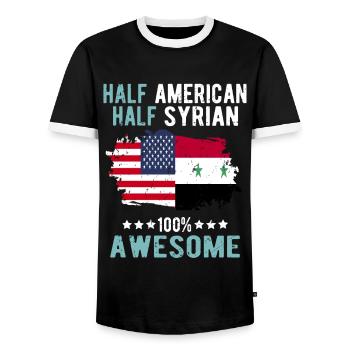 Half American, half Syrian - Men's Ringer Shirt - black/white - Front - AI Model Female 172 light (172cm) & AI Model Male 178 light (178cm)