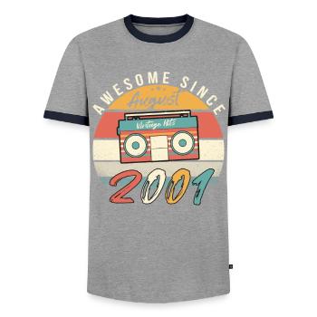 Year of birth 2001 in August - Men's Ringer Shirt - grey/navy  - Front - AI Model Female 172 light (172cm) & AI Model Male 178 light (178cm)