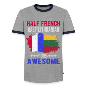 Half French Half Lithuanian - Men's Ringer Shirt - grey/navy  - Front - AI Model Female 172 light (172cm) & AI Model Male 178 light (178cm)