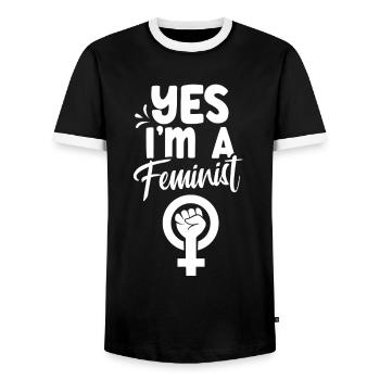 Yes I am a feminist feminism feminist - Men's Ringer Shirt - black/white - Front - AI Model Female 172 light (172cm) & AI Model Male 178 light (178cm)