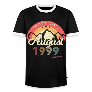 Legendary August 1999 - Men's Ringer Shirt - black/white - Front - AI Model Female 172 light (172cm) & AI Model Male 178 light (178cm)