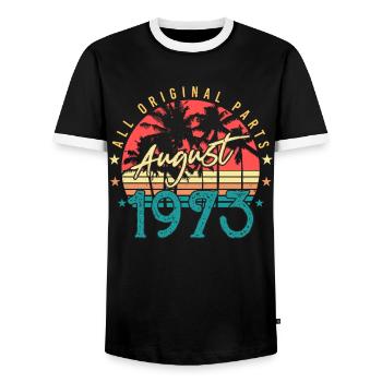 August 1973 All Original - Men's Ringer Shirt - black/white - Front - AI Model Female 172 light (172cm) & AI Model Male 178 light (178cm)