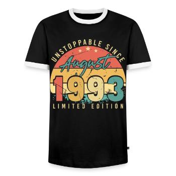 Year of construction August 1993 - Men's Ringer Shirt - black/white - Front - AI Model Female 172 light (172cm) & AI Model Male 178 light (178cm)