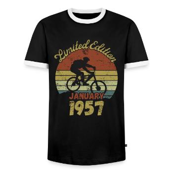 Birthday Bike Bike January 1957 - Men's Ringer Shirt - black/white - Front - AI Model Female 172 light (172cm) & AI Model Male 178 light (178cm)