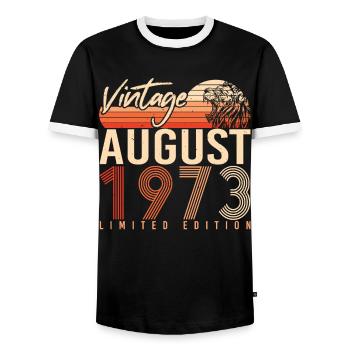 1973 August Vintage - Men's Ringer Shirt - black/white - Front - AI Model Female 172 light (172cm) & AI Model Male 178 light (178cm)