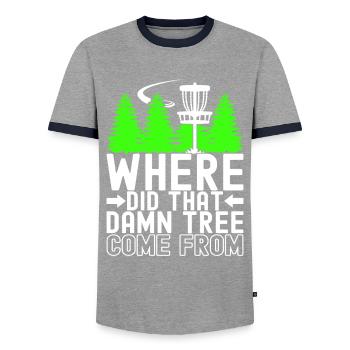 Disc Golf Disc Golfer - Men's Ringer Shirt - grey/navy  - Front - AI Model Female 172 light (172cm) & AI Model Male 178 light (178cm)