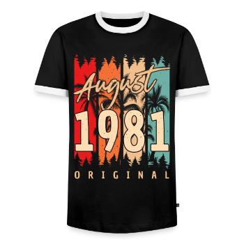 1981 Im August Geburtstagsgruss - Männer Kontrast-T-Shirt - Schwarz/Weiß - Vorne - AI Model Female 172 light (172cm) & AI Model Male 178 light (178cm)