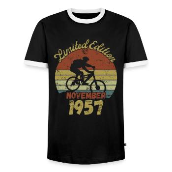 Birthday Bicycle Bike Novermber 1957 - Men's Ringer Shirt - black/white - Front - AI Model Female 172 light (172cm) & AI Model Male 178 light (178cm)