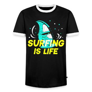 Le surf est life surfer surf surf surf - T-shirt contrasté Homme - noir/blanc - Devant - AI Model Female 172 light (172cm) & AI Model Male 178 light (178cm)