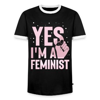 Yes I am a feminist feminist feminism - Men's Ringer Shirt - black/white - Front - AI Model Female 172 light (172cm) & AI Model Male 178 light (178cm)