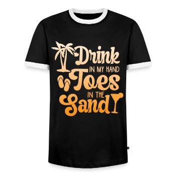 Drink in my Hand Toes in the Sand Strand Urlaubs - Männer Kontrast-T-Shirt - Schwarz/Weiß - Vorne - AI Model Female 172 light (172cm) & AI Model Male 178 light (178cm)
