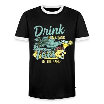 Drink in my Hand Toes in the Sand Strand Urlaubs - Männer Kontrast-T-Shirt - Schwarz/Weiß - Vorne - AI Model Female 172 light (172cm) & AI Model Male 178 light (178cm)
