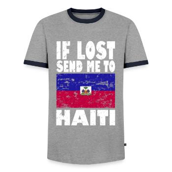 Haiti Flag Slogan - Men's Ringer Shirt - grey/navy  - Front - AI Model Female 172 light (172cm) & AI Model Male 178 light (178cm)