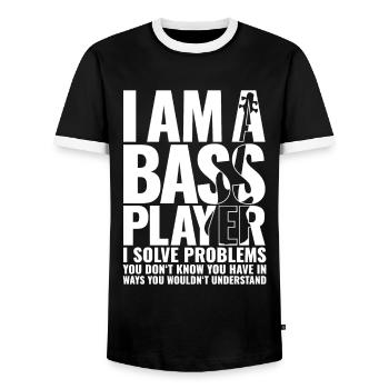 I AM A BASS PLAYER for best bassist bass player - Männer Kontrast-T-Shirt - Schwarz/Weiß - Vorne - AI Model Female 172 light (172cm) & AI Model Male 178 light (178cm)