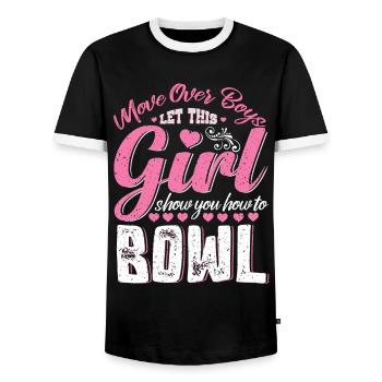 Move over Boys let a Girl show you how to Bowl - Men's Ringer Shirt - black/white - Front - AI Model Female 172 light (172cm) & AI Model Male 178 light (178cm)