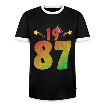 1987 LGBT Vintage Birthday Gift Idea - Men's Ringer Shirt - black/white - Front - AI Model Female 172 light (172cm) & AI Model Male 178 light (178cm)