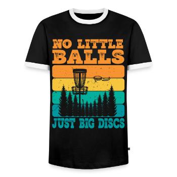 No Little Balls Just Big Discs Fun Disc Golf - Men's Ringer Shirt - black/white - Front - AI Model Female 172 light (172cm) & AI Model Male 178 light (178cm)