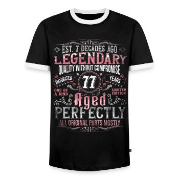 Vintage 77 Aged Perfectly Women on 77th Birthday - Men's Ringer Shirt - black/white - Front - AI Model Female 172 light (172cm) & AI Model Male 178 light (178cm)