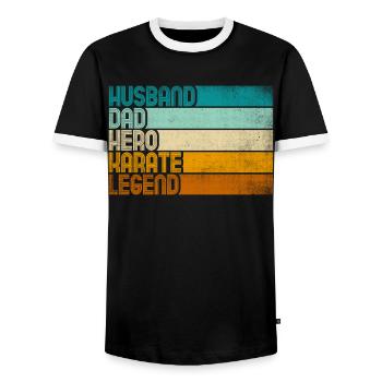 Retro Husband Dad Hero Karate Legend - Men's Ringer Shirt - black/white - Front - AI Model Female 172 light (172cm) & AI Model Male 178 light (178cm)