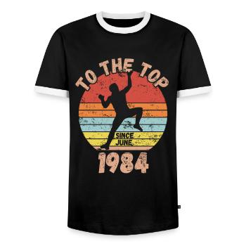 Birthday Climbing Bouldering since June 1984 - Men's Ringer Shirt - black/white - Front - AI Model Female 172 light (172cm) & AI Model Male 178 light (178cm)