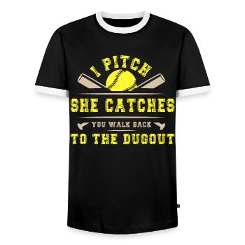 I Pitch She Catches You Walk Back To The Dugout - Men's Ringer Shirt - black/white - Front - AI Model Female 172 light (172cm) & AI Model Male 178 light (178cm)