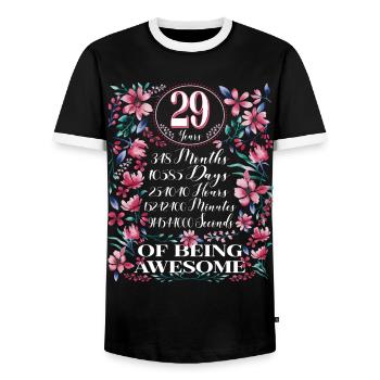 29 Years, Months Floral Women's 29th Birthday - Men's Ringer Shirt - black/white - Front - AI Model Female 172 light (172cm) & AI Model Male 178 light (178cm)