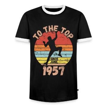 Birthday Climbing Bouldering since June 1957 - Men's Ringer Shirt - black/white - Front - AI Model Female 172 light (172cm) & AI Model Male 178 light (178cm)