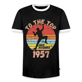 Birthday Climbing Bouldering since November 1957 - Men's Ringer Shirt - black/white - Front - AI Model Female 172 light (172cm) & AI Model Male 178 light (178cm)