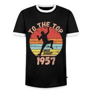 Birthday Climbing Bouldering since August 1957 - Men's Ringer Shirt - black/white - Front - AI Model Female 172 light (172cm) & AI Model Male 178 light (178cm)