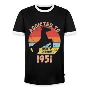 Birthday Horses Riding October 1951 - Men's Ringer Shirt - black/white - Front - AI Model Female 172 light (172cm) & AI Model Male 178 light (178cm)