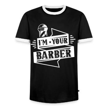 I am your Barber Barber Barber Barbershop - Men's Ringer Shirt - black/white - Front - AI Model Female 172 light (172cm) & AI Model Male 178 light (178cm)