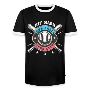 Hit Hard Run Fast Turn Left Baseball - Men's Ringer Shirt - black/white - Front - AI Model Female 172 light (172cm) & AI Model Male 178 light (178cm)