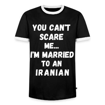 Je suis mariée à un Stolz iranien - T-shirt contrasté Homme - noir/blanc - Devant - AI Model Female 172 light (172cm) & AI Model Male 178 light (178cm)