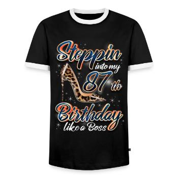 Steppin Into My 87th Birthday 87. Geburtstags - Men's Ringer Shirt - black/white - Front - AI Model Female 172 light (172cm) & AI Model Male 178 light (178cm)