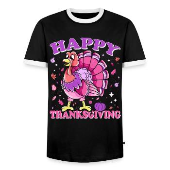 Female Turkey Happy Thanksgiving - Men's Ringer Shirt - black/white - Front - AI Model Female 172 light (172cm) & AI Model Male 178 light (178cm)