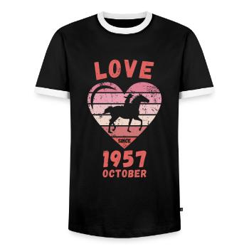 Love Horse Riding Birthday October 1957 - Men's Ringer Shirt - black/white - Front - AI Model Female 172 light (172cm) & AI Model Male 178 light (178cm)