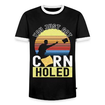 Cornhole Player Cornhole Board - Men's Ringer Shirt - black/white - Front - AI Model Female 172 light (172cm) & AI Model Male 178 light (178cm)