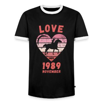 Love Horse Riding Birthday November 1989 - Men's Ringer Shirt - black/white - Front - AI Model Female 172 light (172cm) & AI Model Male 178 light (178cm)
