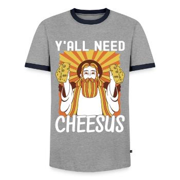 Amateurs de fromage Gouda - T-shirt contrasté Homme - gris/marine  - Devant - AI Model Female 172 light (172cm) & AI Model Male 178 light (178cm)