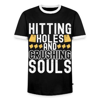Cornhole Player Cornhole Board - Men's Ringer Shirt - black/white - Front - AI Model Female 172 light (172cm) & AI Model Male 178 light (178cm)