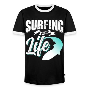 Surfing for life Surfer Surfing Surfboard - Men's Ringer Shirt - black/white - Front - AI Model Female 172 light (172cm) & AI Model Male 178 light (178cm)