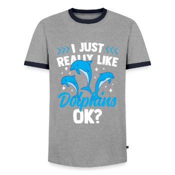 I like dolphins just very much dolphins dolphin - Men's Ringer Shirt - grey/navy  - Front - AI Model Female 172 light (172cm) & AI Model Male 178 light (178cm)