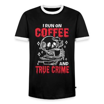 Je cours sur le café et le vrai crime - T-shirt contrasté Homme - noir/blanc - Devant - AI Model Female 172 light (172cm) & AI Model Male 178 light (178cm)