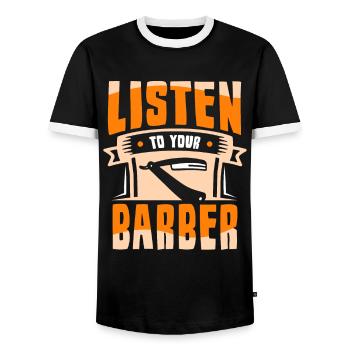 Listen to your Barber Barbershop Barber - Men's Ringer Shirt - black/white - Front - AI Model Female 172 light (172cm) & AI Model Male 178 light (178cm)